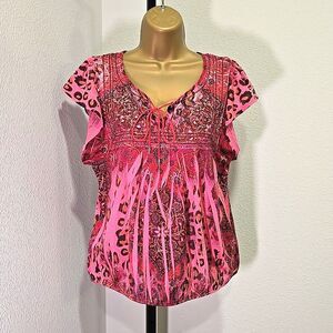 Vtg One World Pink Top Womens Med Y2K Paisley Embroidered Beaded Indie Boho Lace